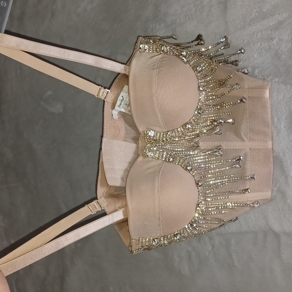 Papaya Beige Rhinestone fringe Bustier/Corset